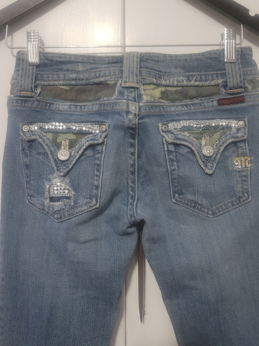 Miss Me Light Blue Boot Cut Jeans with Sequin & Camo Pocket Accents